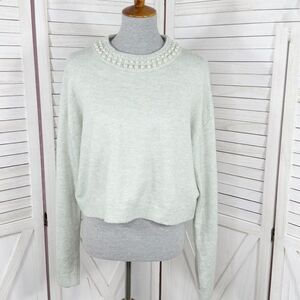 H&M Faux Pearl Beaded Neck Crop Sweater Mint Green Medium Long Sleeve